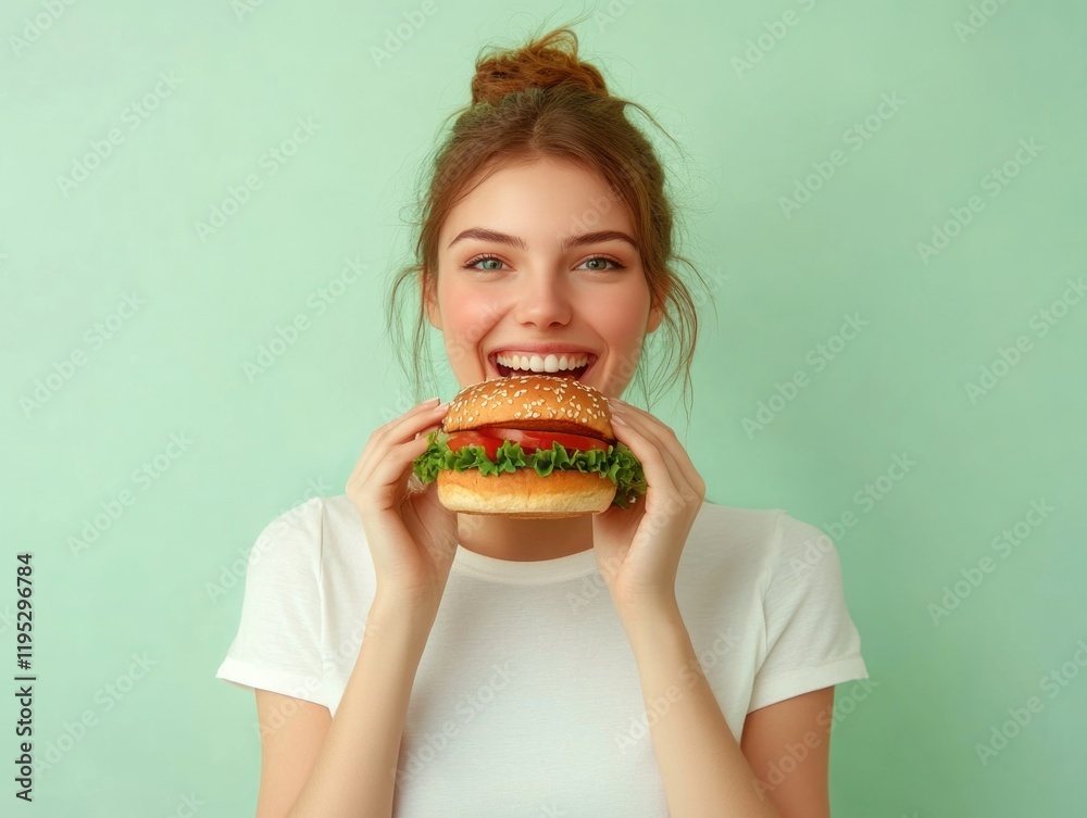 A young woman biting into a hamburger with fresh lettuce, smiling and enjoying her meal. A young woman biting into a hamburger with fresh lettuce, smiling and enjoying her meal.