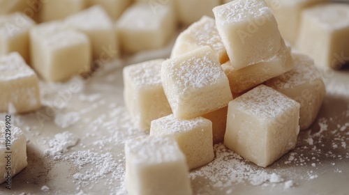 Close-up of raw sugar cubes on a surface, ready to be used in various culinary applications.