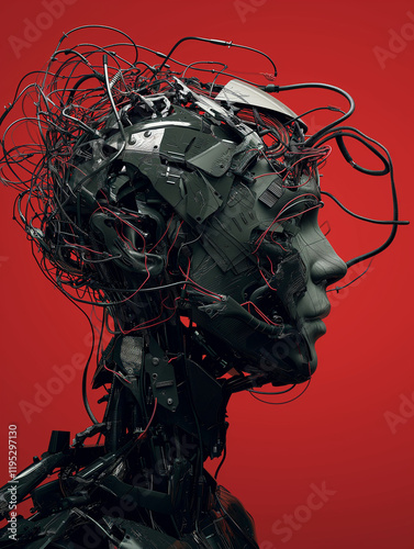 Close-up of a surreal and abstract woman's wired cyborg head, digital art,  