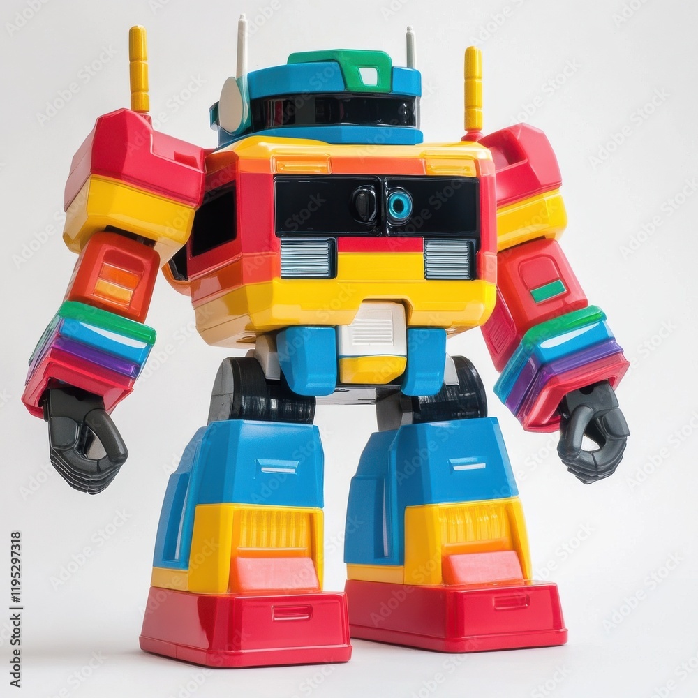 Fototapeta premium Brightly colored toy robot with movable arms stands ready for imaginative play in a well-lit area