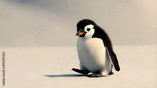 Penguin chick walks on ice while exploring its surroundings in the Antarctic