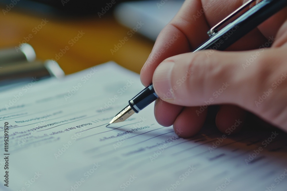 Close-up of a person's hand holding a pen and writing on a piece of paper or document. Close-up of a person's hand holding a pen and writing on a piece of paper or document.