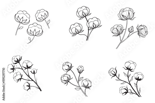 Elegant cotton flowers abstract line art contour drawings in a minimalist style. Perfect for modern decor, digital designs, and seamless patterns. Ideal for creative and stylish projects.
