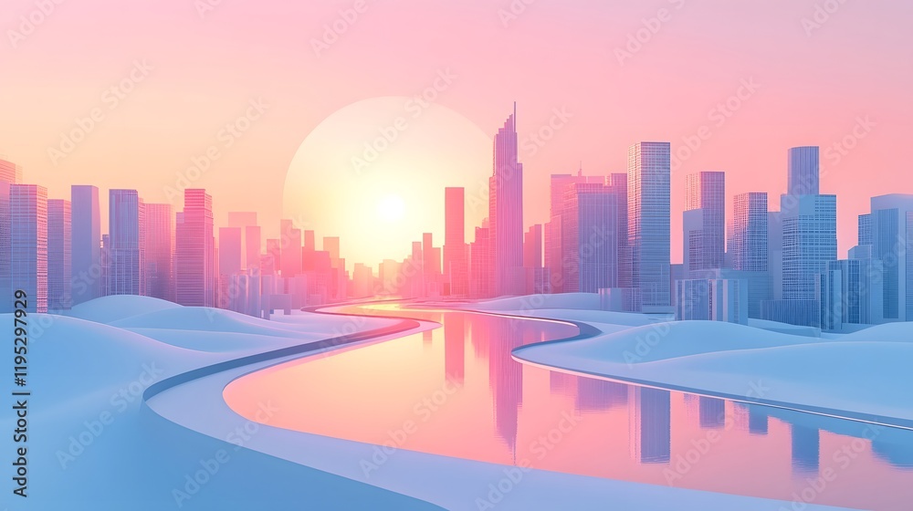 Obraz premium Vibrant Cityscape Sunset Reflection on Urban Skyscraper River Panorama