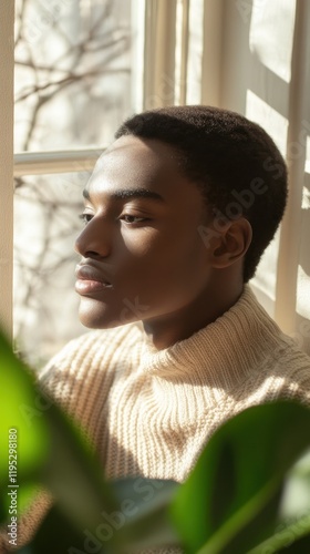Young man contemplating indoors, natural light filtering through window with green plants in the foreground Free Download Young man contemplating indoors, natural light filtering through window with green plants in the foreground - GFXLoad