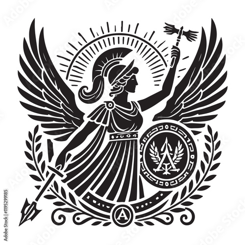 Athena's Aegis Silhouette Vector Illustration, Solid White Background.