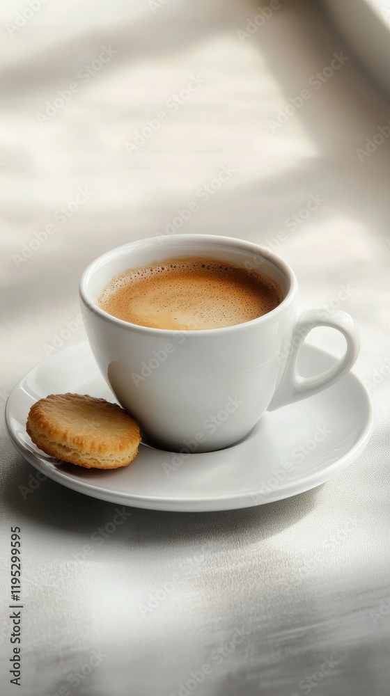 Close-up of a freshly brewed cup of coffee beside a biscuit on a delicate plate in warm lighting Close-up of a freshly brewed cup of coffee beside a biscuit on a delicate plate in warm lighting