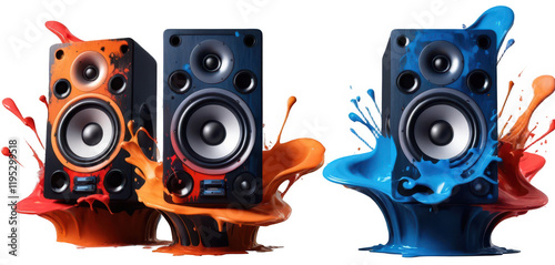Isolated DJ speakers with vibrant, colorful paint splashes (red, blue, orange) floating in the air around the speakers, isolated on a white transparent background PNG