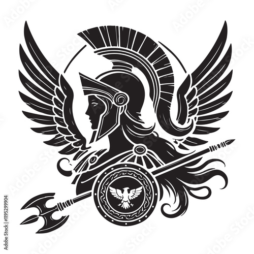 Athena's Aegis Silhouette Vector Illustration, Solid White Background.