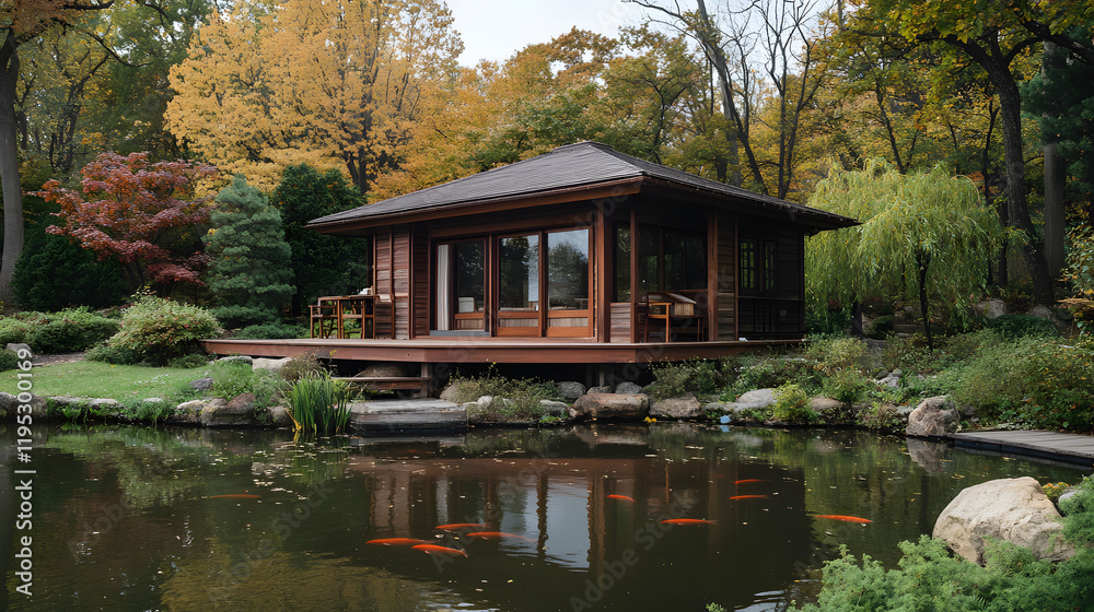 A traditional Japanese tea house by a tranquil koi pond surrounded by vibrant maple trees. A traditional Japanese tea house by a tranquil koi pond surrounded by vibrant maple trees.