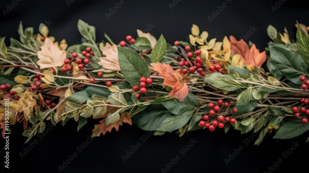 Fototapeta premium Autumnal Garland Red Berries Fall Leaves Thanksgiving Decor