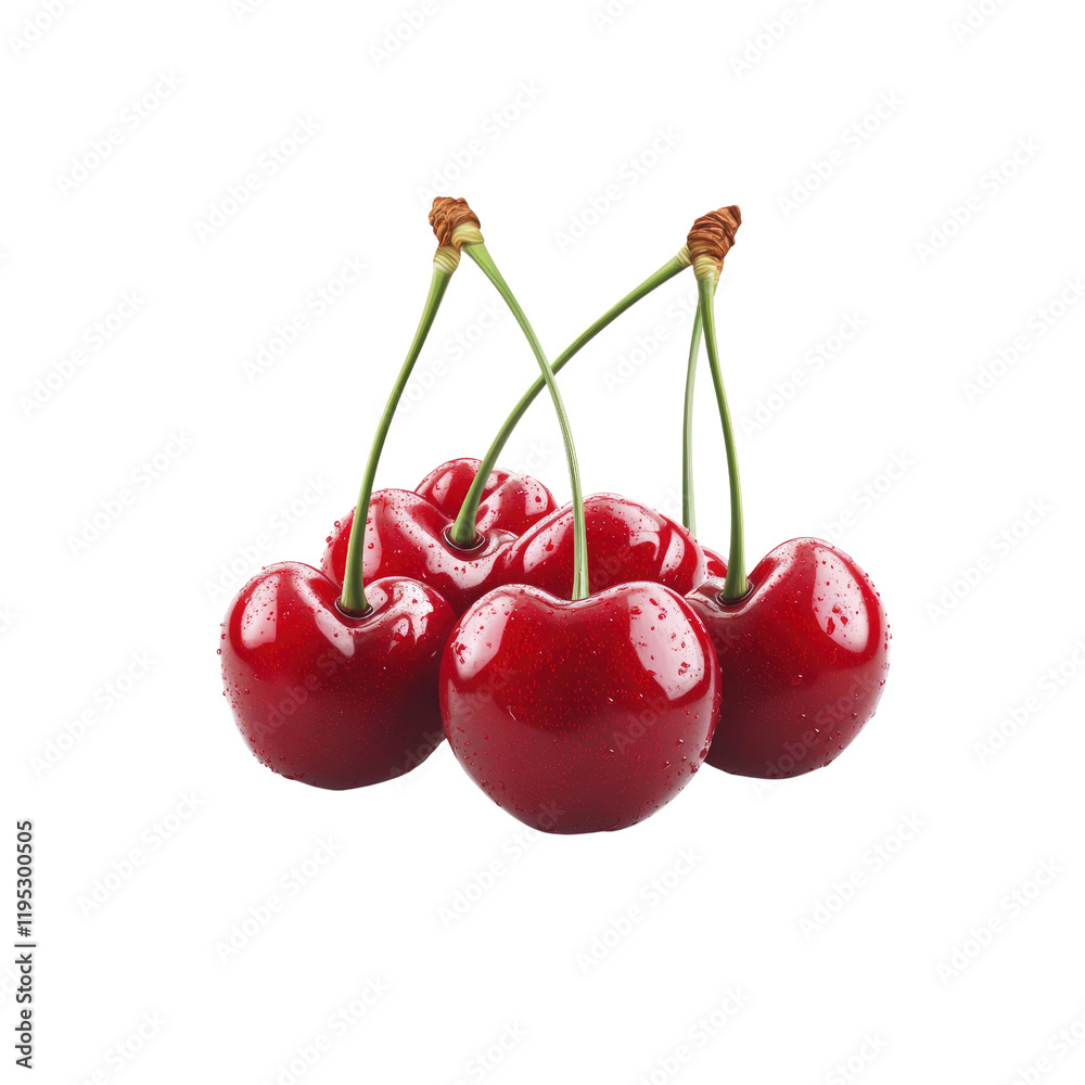 Four Juicy Red Cherries with Stems on Transparent Background Four Juicy Red Cherries with Stems on Transparent Background