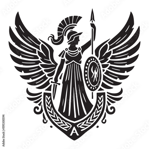 Athena's Aegis Silhouette Vector Illustration, Solid White Background.