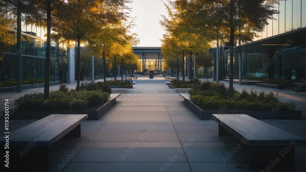 Serene sunset view of modern building plaza with benches and trees. Serene sunset view of modern building plaza with benches and trees.