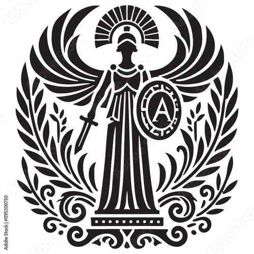Athena's Aegis Silhouette Vector Illustration, Solid White Background.