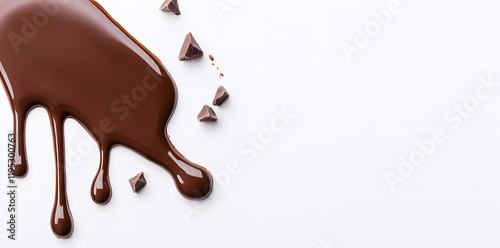 Melted chocolate dripping and flowing down from the top, isolated on white background photo