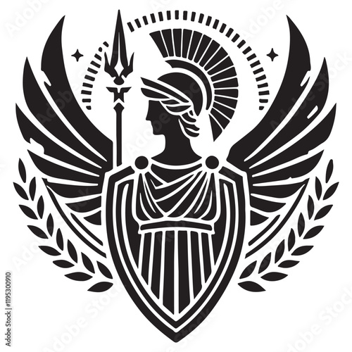 Athena's Aegis Silhouette Vector Illustration, Solid White Background.