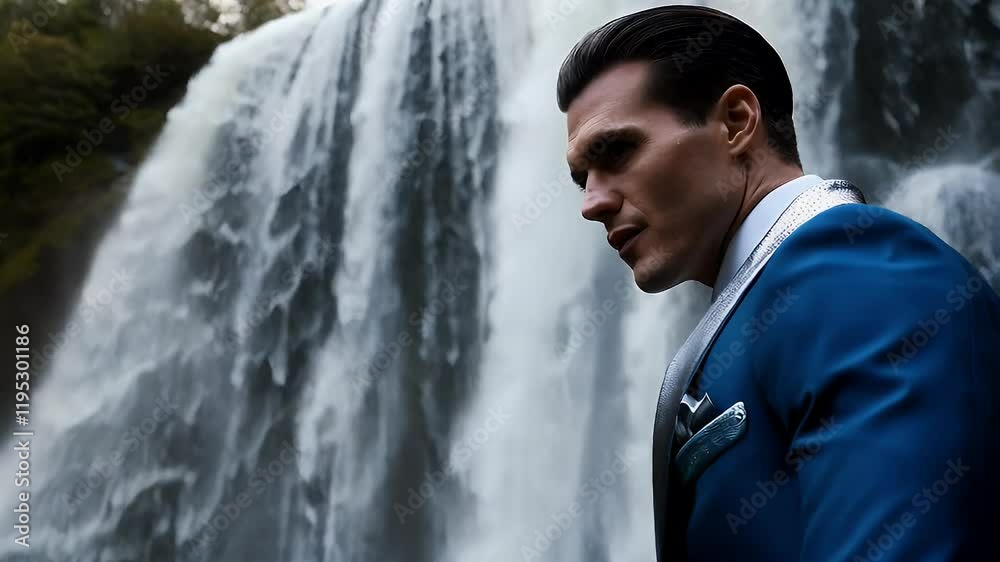 Stylish man poses by a stunning waterfall in a striking blue suit during golden hour