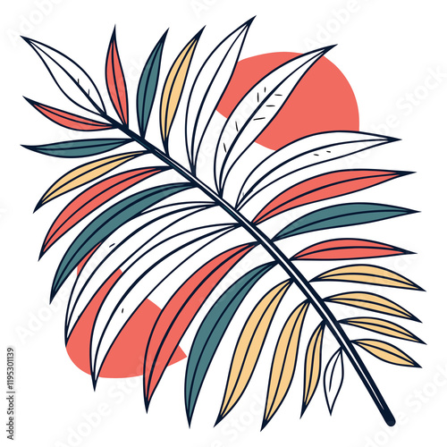 Vibrant abstract palm frond with circular orange shape and colorful leaves