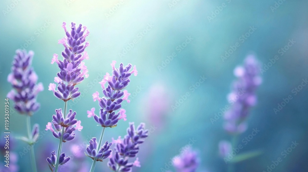 Fototapeta premium Lavender blooms softly fading into a calming teal background in a serene outdoor setting