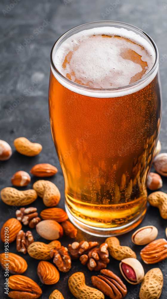 A refreshing glass of beer served with an assortment of mixed nuts on a dark surface. A refreshing glass of beer served with an assortment of mixed nuts on a dark surface.
