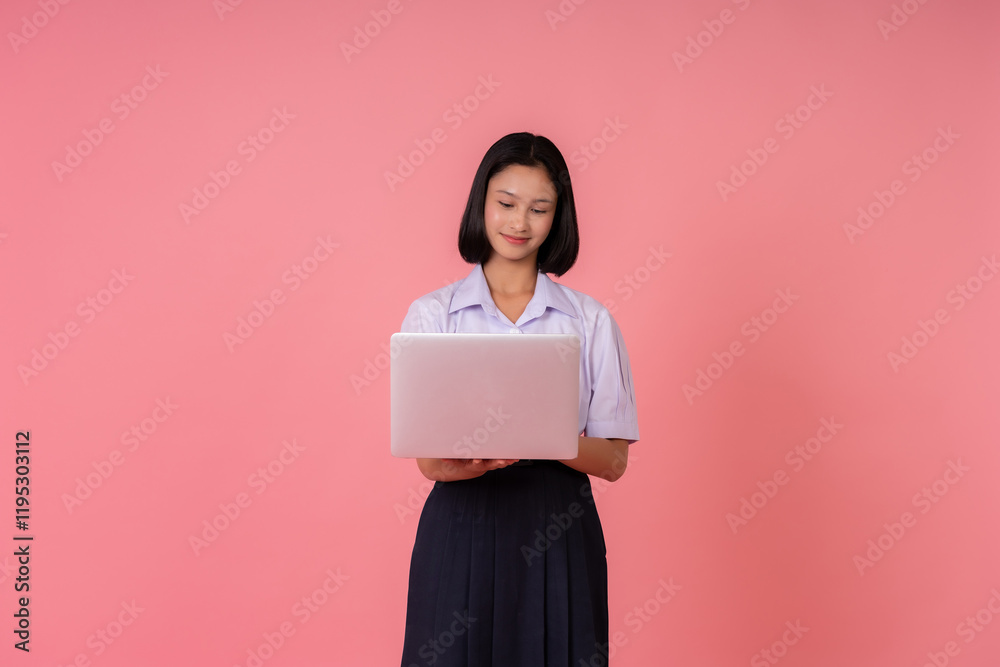 This Asian schoolgirl has her laptop in hand and is taking notes in her studio, knowing that her education will prepare her for the challenges and equip her with the knowledge to go to university. This Asian schoolgirl has her laptop in hand and is taking notes in her studio, knowing that her education will prepare her for the challenges and equip her with the knowledge to go to university.