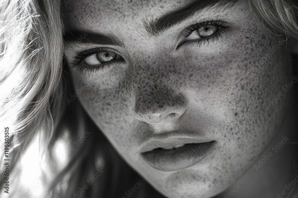 Naklejka premium A young woman with freckles showcasing her naturally flawless complexion.