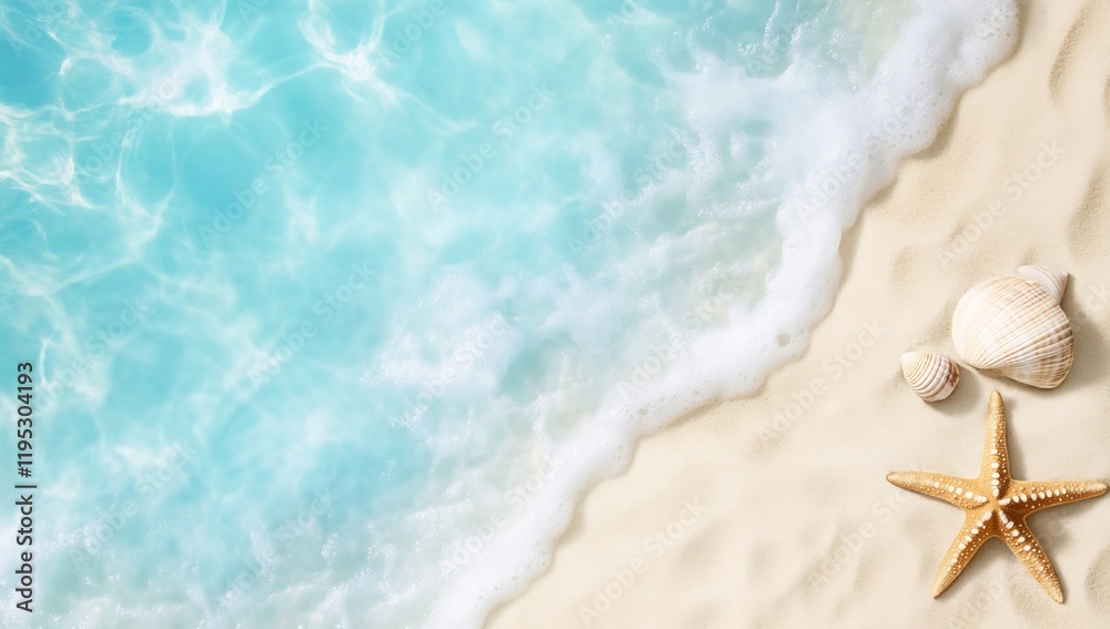 Serene Beach Scene with Seashells and Starfish on Sandy Shore Serene Beach Scene with Seashells and Starfish on Sandy Shore