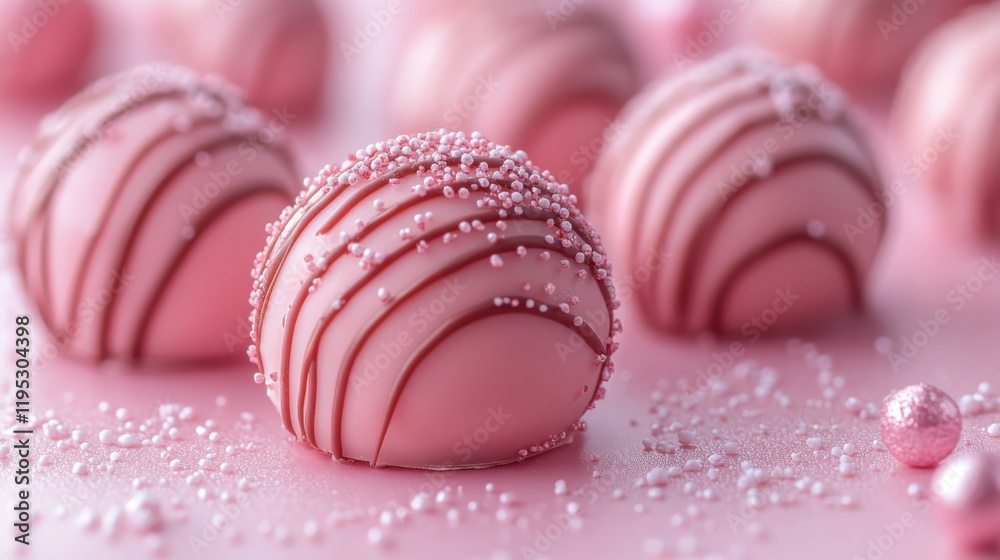 Obraz premium Delicious and Beautiful Pink Chocolate Truffles Decorated with Sprinkles on a Soft Pink Background for a Sweet Treat or Dessert Presentation