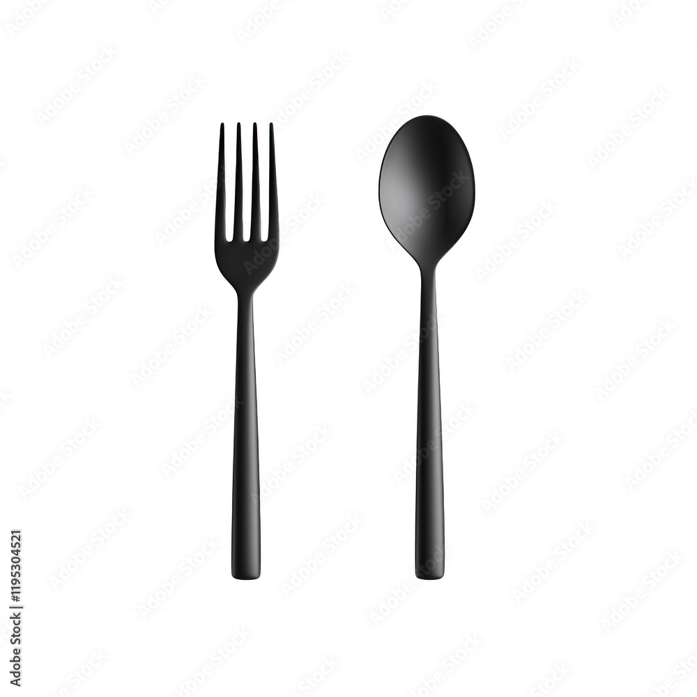 A stylish black fork and spoon set isolated on a clean background., isolated on a transparent background. A stylish black fork and spoon set isolated on a clean background., isolated on a transparent background.