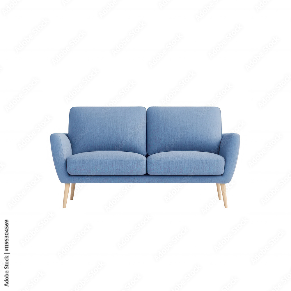 Fototapeta premium A stylish blue sofa with wooden legs, perfect for modern living spaces., isolated on a transparent background.