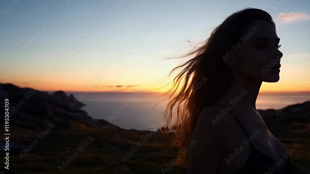 Beautiful sunset silhouette of a woman on rocky beach at dusk Beautiful sunset silhouette of a woman on rocky beach at dusk