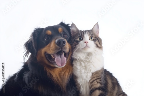 Playful dog and relaxed cat sitting close and looking at viewer on white background

