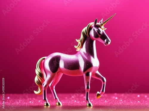 Glittering pink unicorn figurine shines against a vibrant backdrop, capturing attention with its unique design