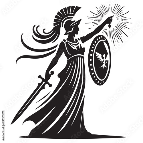 Athena's Aegis Silhouette Vector Illustration, Solid White Background.