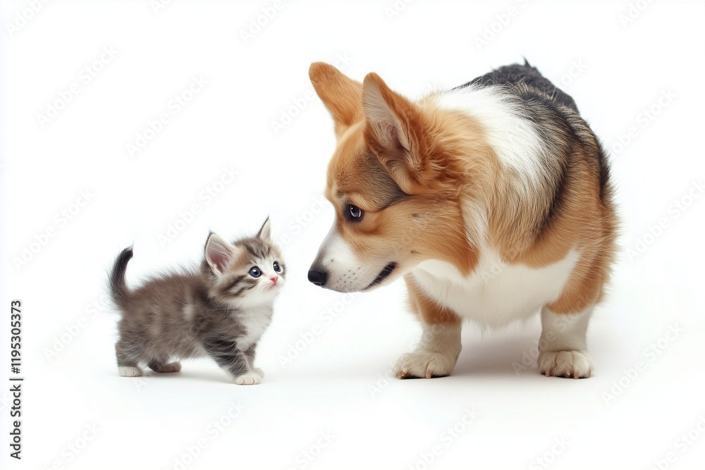 Cheerful corgi dog and curious cat looking at each other on white background Cheerful corgi dog and curious cat looking at each other on white background
