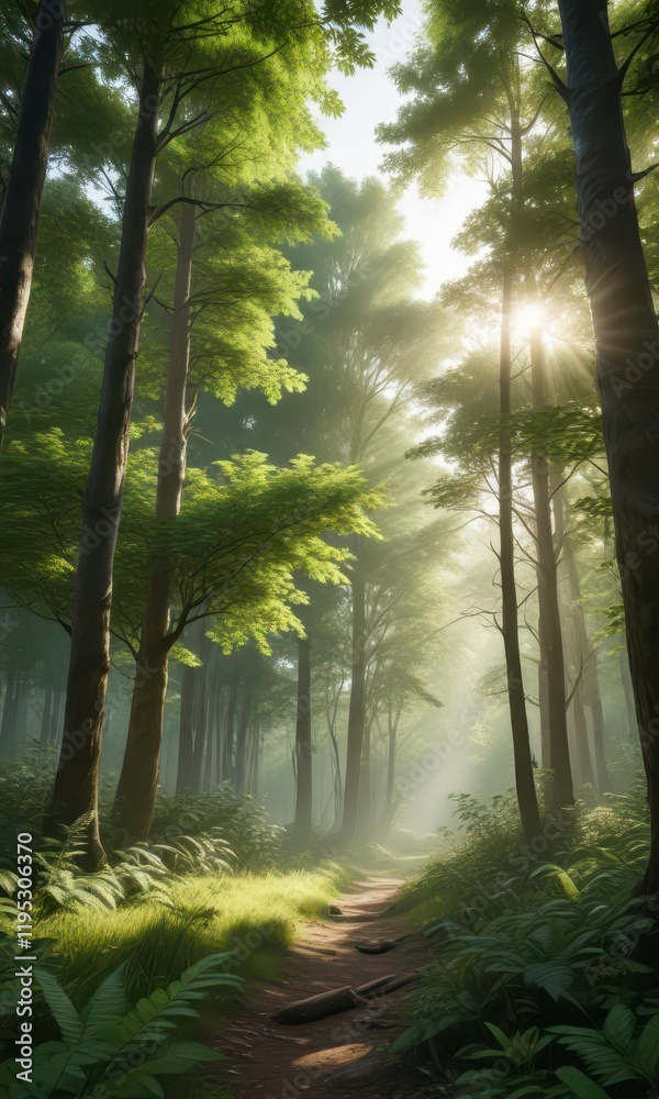 Lush green forest with tall trees and sunlight filtering through leaves, forest landscape, sunlight filtered, leafy greens Lush green forest with tall trees and sunlight filtering through leaves, forest landscape, sunlight filtered, leafy greens