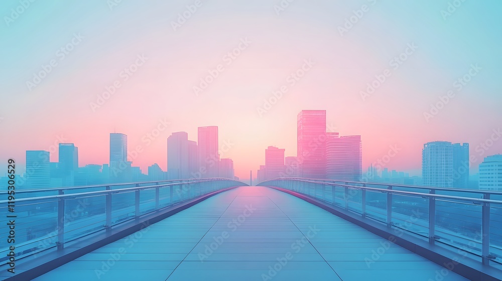 Fototapeta premium Stunning Sunrise over Futuristic Cityscape with Reflection on Bridge