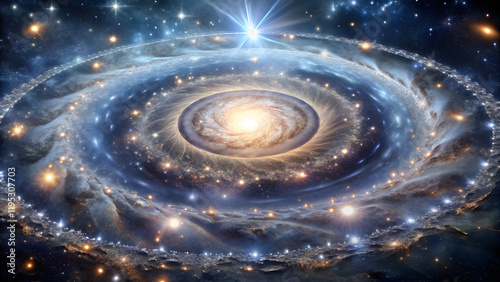 Spiral Pattern of Silver Light in Cosmic Space. Perfect for: Cosmic-Themed Events, Art Therapy Sessions, Spiritual Gatherings