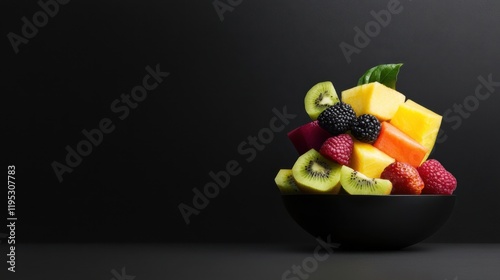 Fresh fruit salad in black bowl on dark background