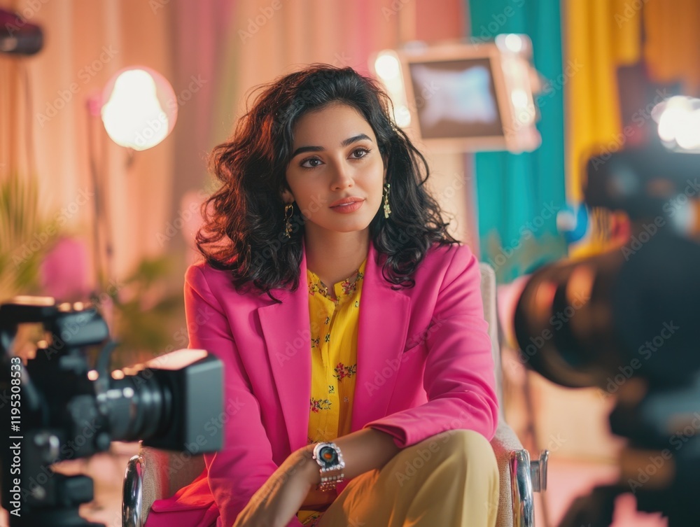 A young woman with shoulder length hair and a pink jacket, sitting in front of camera equipment. She has a casual yet stylish look.
