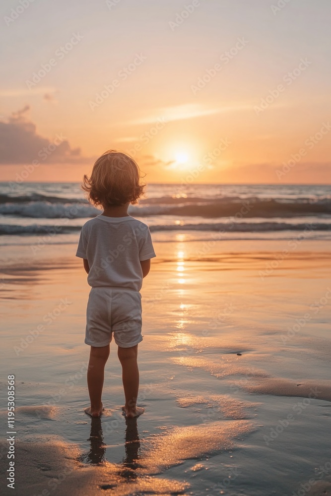 A young child, silhouetted against a sunset at the beach, looking out into the water. A young child, silhouetted against a sunset at the beach, looking out into the water.