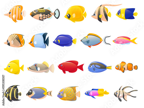 Cartoon exotic fish. Tropical underwater wildlife, bright fish, different colors, marine life, aquarium patterned animals, Caribbean sea fauna, coral reef wildlife goldfish, vector isolated set