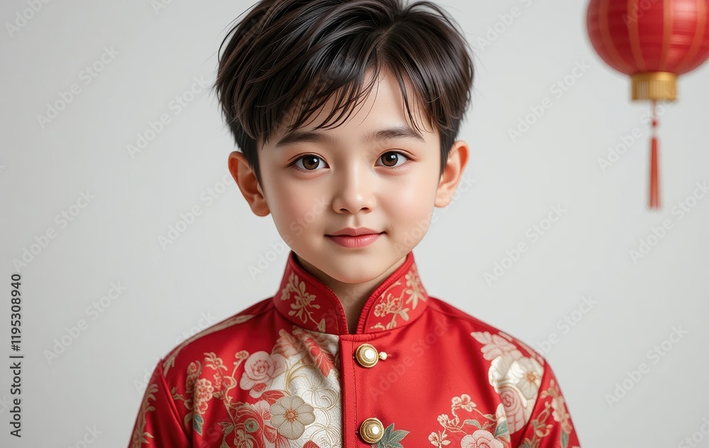 Photo of a handsome boy wearing traditional Chinese clothes welcoming Chinese New Year Photo of a handsome boy wearing traditional Chinese clothes welcoming Chinese New Year
