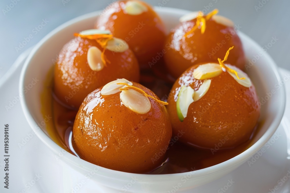 An assortment of traditional Indian dessert sweets on display, including orange-glazed balls with almonds sprinkled on top. An assortment of traditional Indian dessert sweets on display, including orange-glazed balls with almonds sprinkled on top.