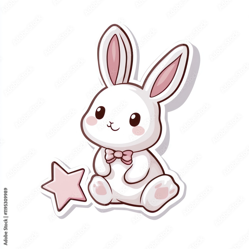 Cute bunny sticker design, sitting, star, white background, children's products Cute bunny sticker design, sitting, star, white background, children's products