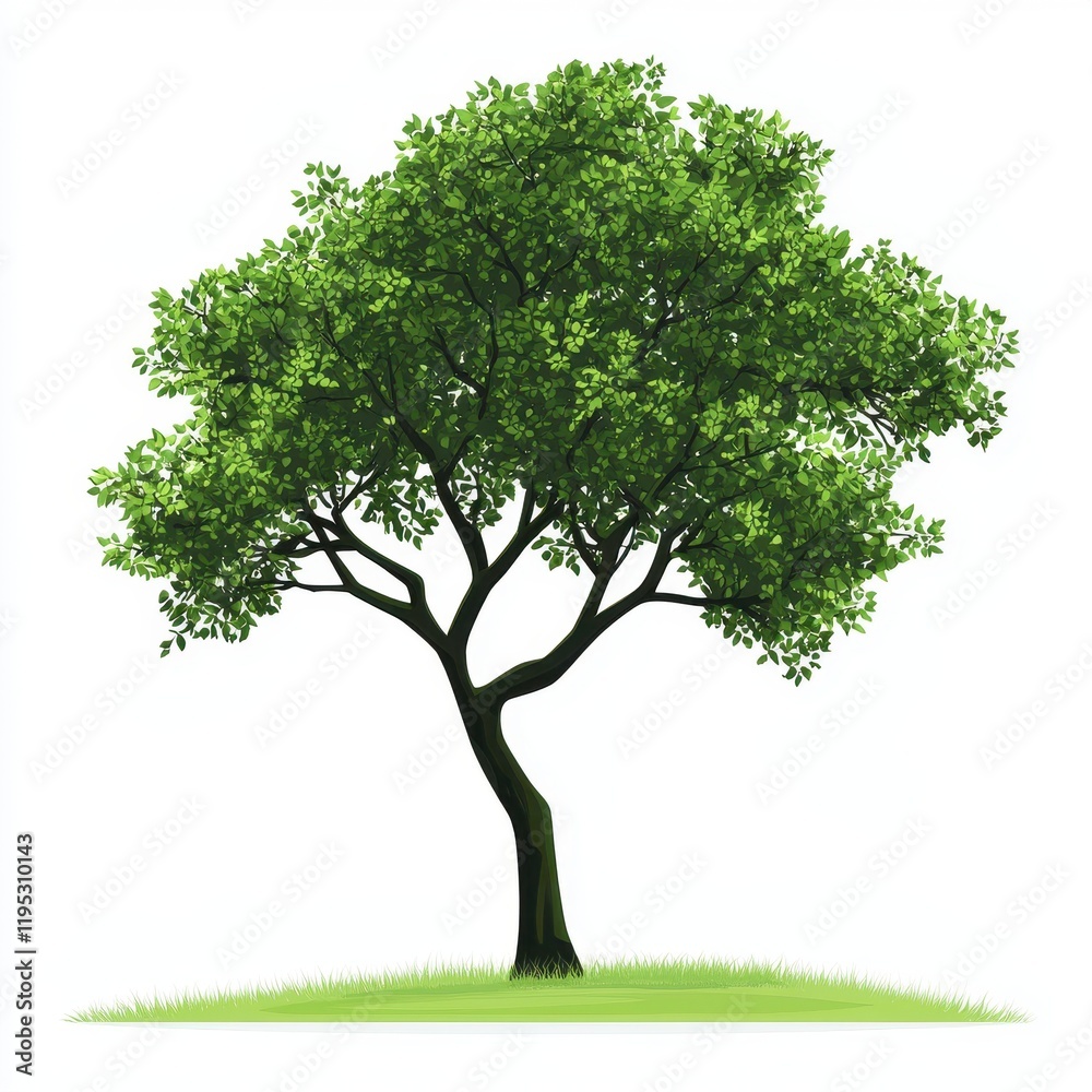 Lush green tree with a full canopy on a simple white background, symbolizing growth and nature Lush green tree with a full canopy on a simple white background, symbolizing growth and nature