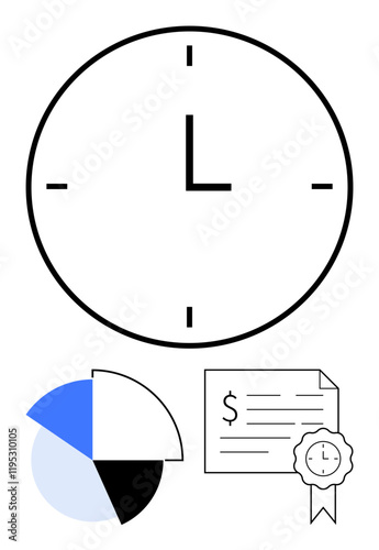 Large clock for time, pie chart in blue and black segments, financial certificate with dollar sign and clock badge. Ideal for productivity, efficiency, finance, planning, scheduling, time tracking