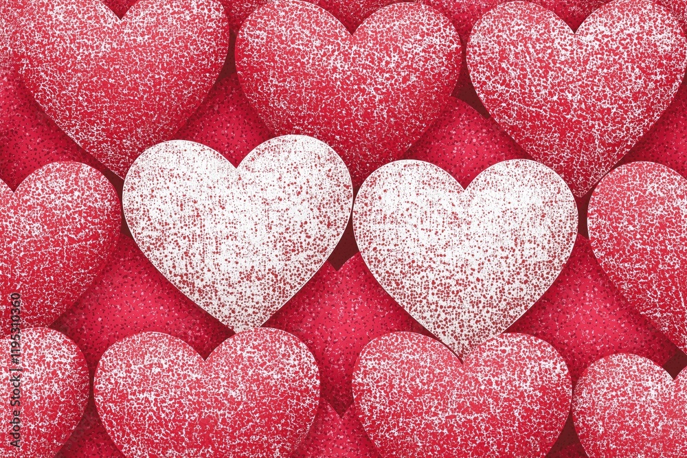 Two white hearts stand out in a repeating pattern of red hearts creating a romantic background Two white hearts stand out in a repeating pattern of red hearts creating a romantic background