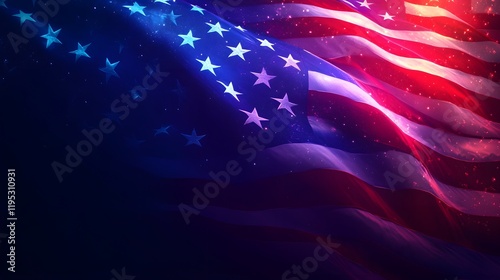 Waving American Flag in Dramatic Sky with Patriotic Symbols